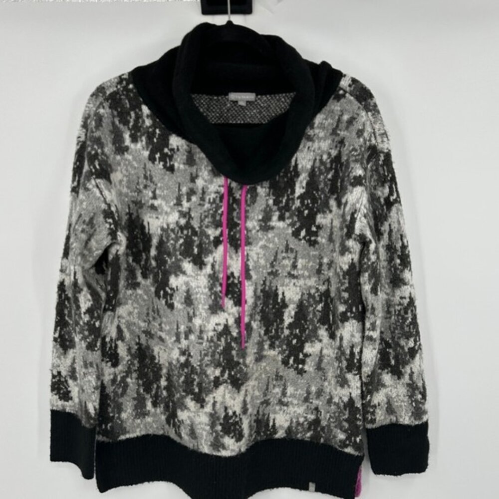 T by Talbots Sweater Black‎ Gray Abstract Snowy Tree Print Cowl Neck Small